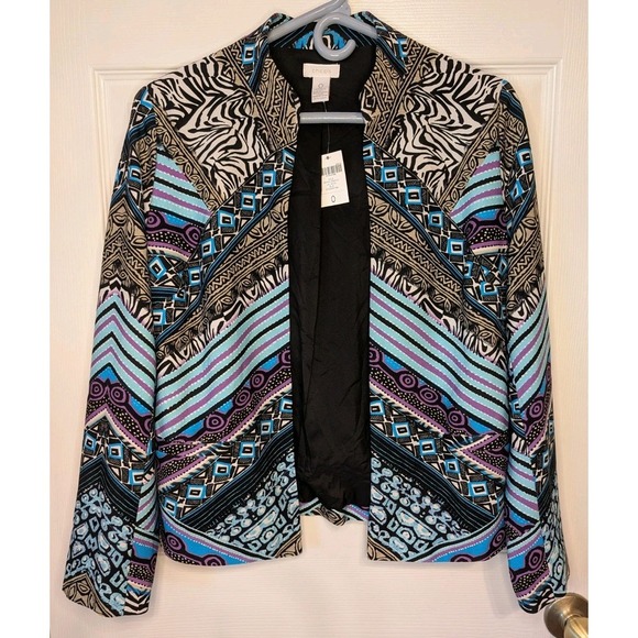 Chico's Women's Size 0 Small Blue Black Geometric Animal Print Blazer Jacket NWT - Picture 1 of 5